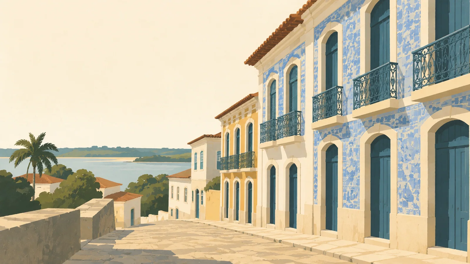 Flat gouache illustration of São Luís: São Luís' blue-and-cream azulejo colonial facades with tall shuttered doors on an empty old-town street.