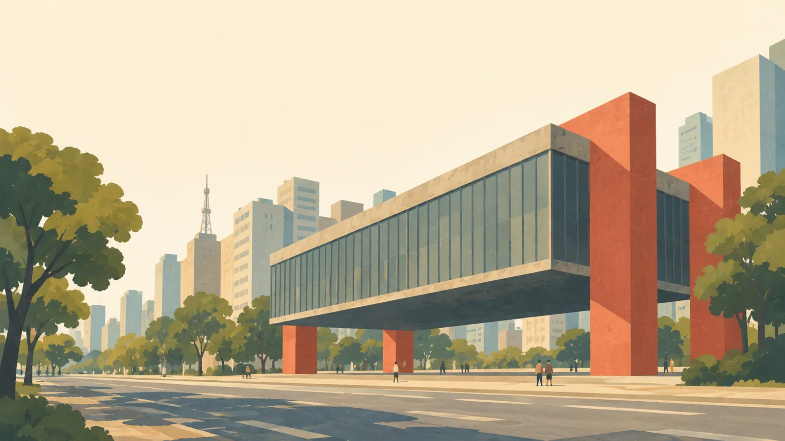 Flat gouache illustration of São Paulo: São Paulo's MASP museum as a bold red suspended concrete volume above its open plaza, low oblique view from Avenida Paulista.