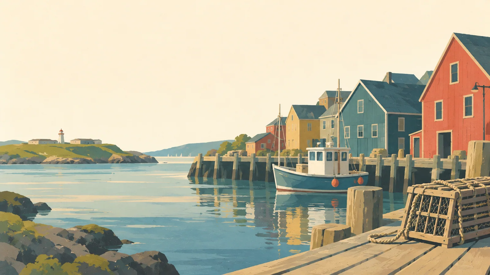 Flat gouache illustration of Atlantic Canada: Halifax's colourful timber waterfront warehouses along a quiet broad wooden boardwalk with a lobster creel.