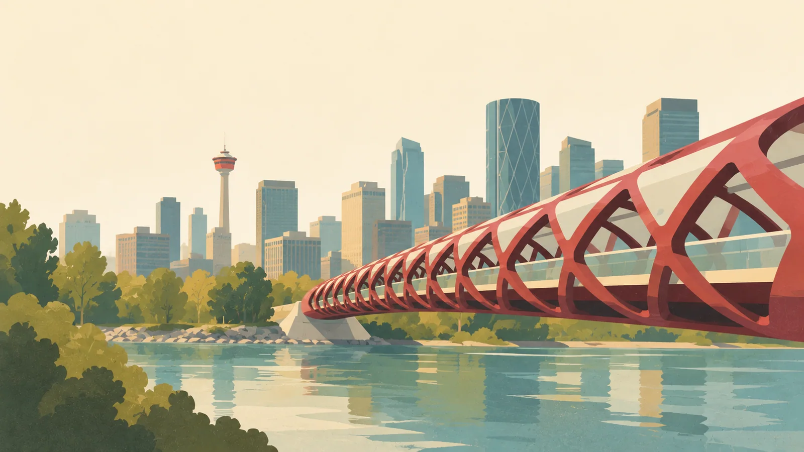 Flat gouache illustration of Calgary: Calgary's red Peace Bridge tubular structure crossing the Bow River beneath a pale sky.