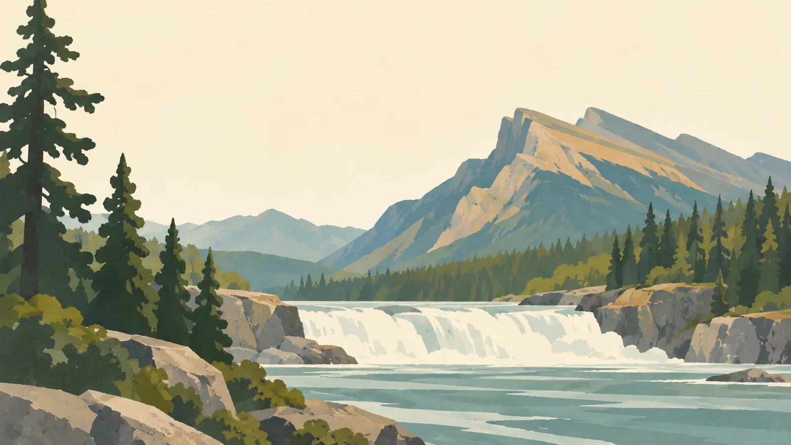 Flat gouache illustration of Canadian Rockies: Banff's Mount Rundle sloping rock face beyond the broad white Bow Falls cascade and a close pine silhouette.