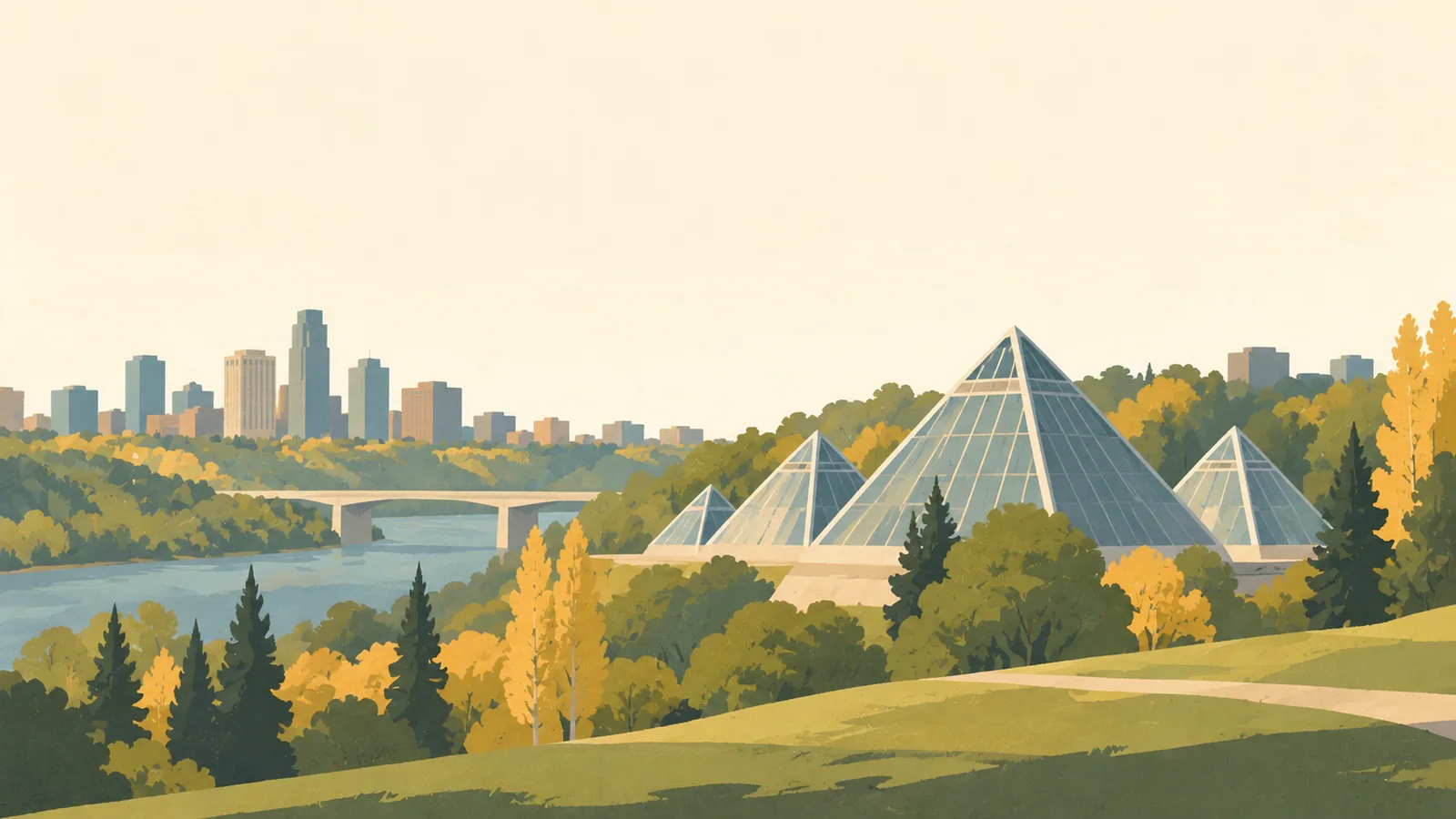 Flat gouache illustration of Edmonton: Edmonton's Muttart Conservatory glass pyramids among broad river-valley grass and aspen masses.
