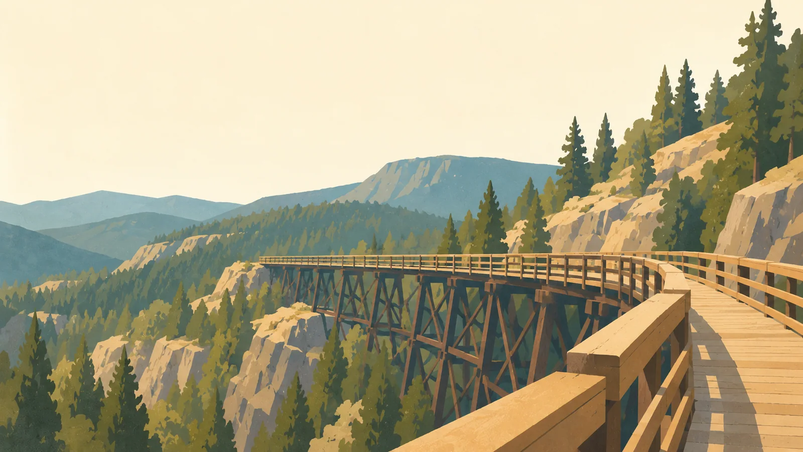 Flat gouache illustration of Kelowna: Kelowna's wooden trestle in Myra Canyon crossing diagonally between broad dry pine slopes.