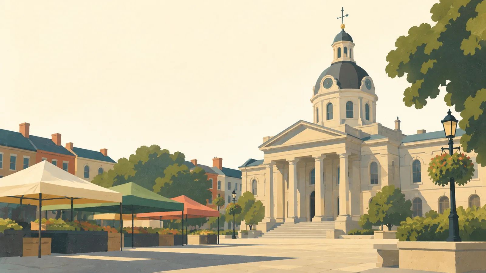Flat gouache illustration of Kingston: Kingston City Hall's limestone dome and neoclassical portico viewed diagonally across Market Square, a few broad market awnings in the foreground.