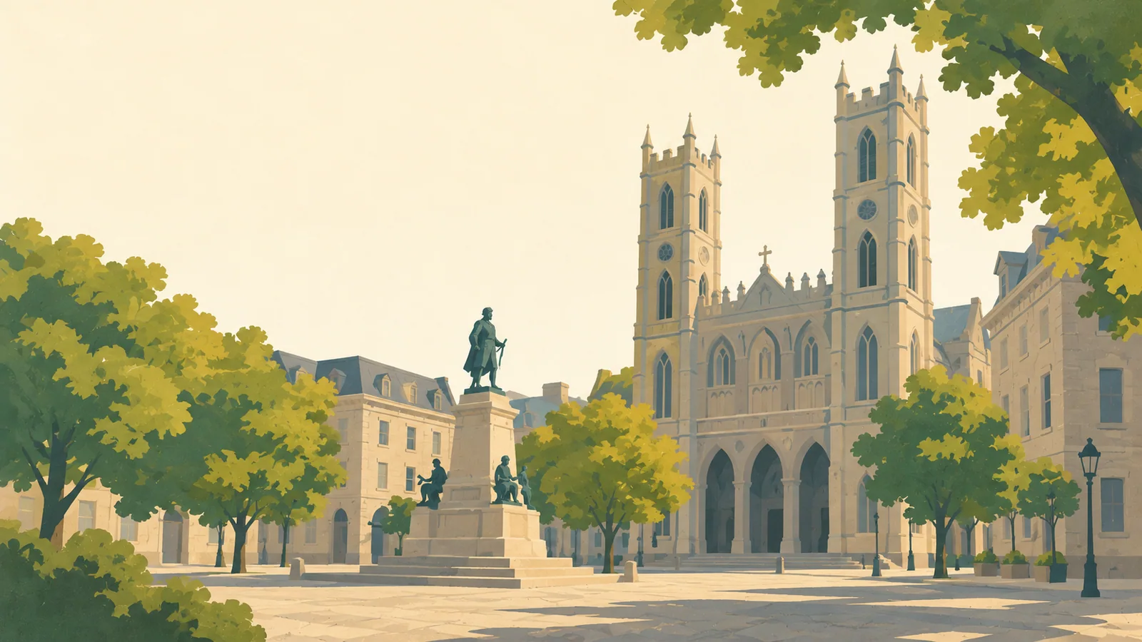 Flat gouache illustration of Montréal and Québec City: Old Montréal's Notre-Dame Basilica twin Gothic towers above a quiet stone square and broad maple canopy.
