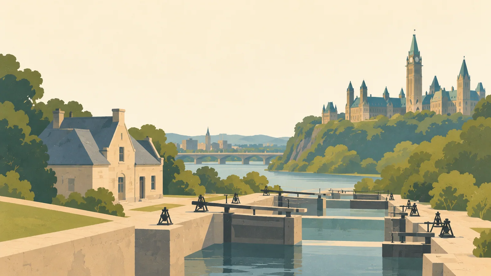 Flat gouache illustration of Ottawa: Ottawa's Rideau Canal stepped locks with a pale stone lockmaster building and distant Parliament tower.