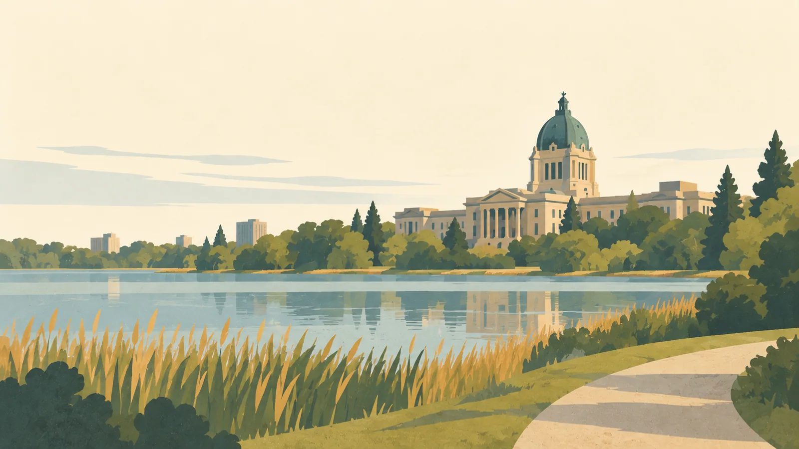 Flat gouache illustration of Regina: Regina's Legislative Building copper dome beyond Wascana Lake reeds and a quiet curved park path.