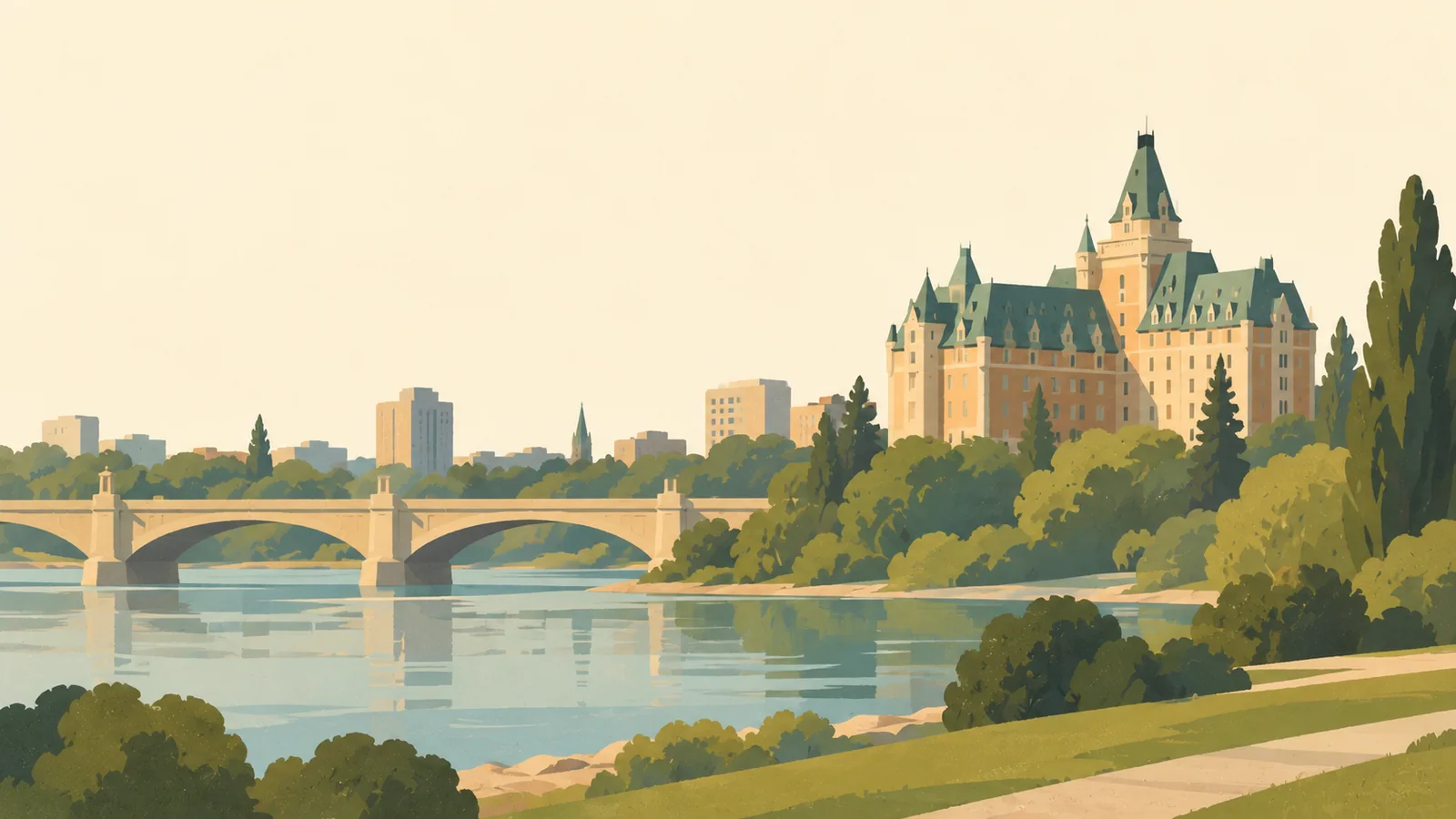 Flat gouache illustration of Saskatoon: Saskatoon's Delta Bessborough steep copper roofs above a broad riverbank park and a modest arched bridge.