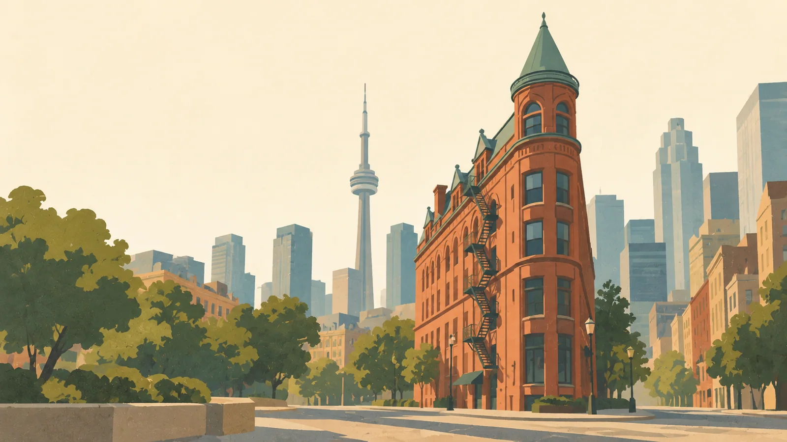 Flat gouache illustration of Toronto: Toronto's Gooderham Flatiron red-brick wedge at a quiet street corner with a subdued CN Tower far behind.