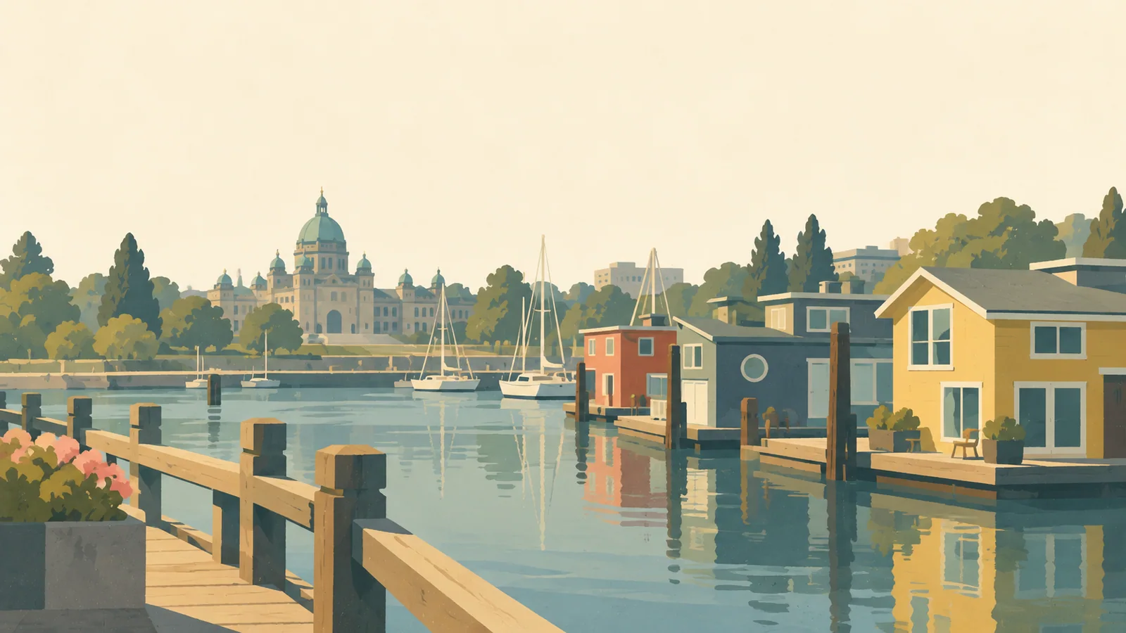 Flat gouache illustration of Vancouver Island: Victoria's Inner Harbour float homes and a simple wooden pedestrian pier with a restrained distant parliament dome.