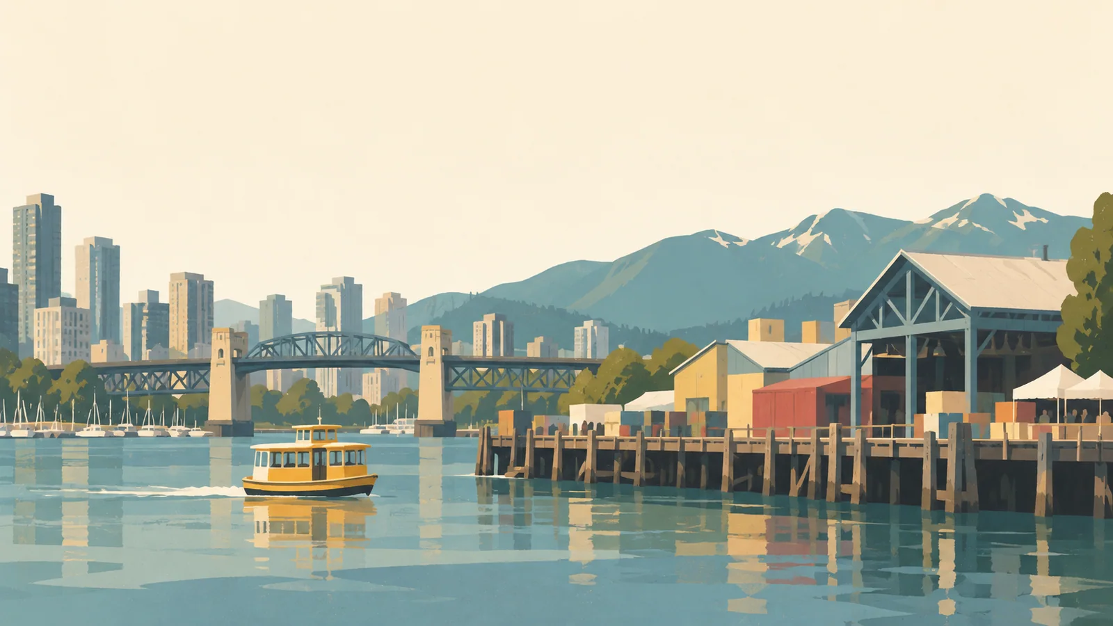 Flat gouache illustration of Vancouver: Vancouver's Granville Island working-market pier with one modest yellow water taxi and broad industrial roof shapes.