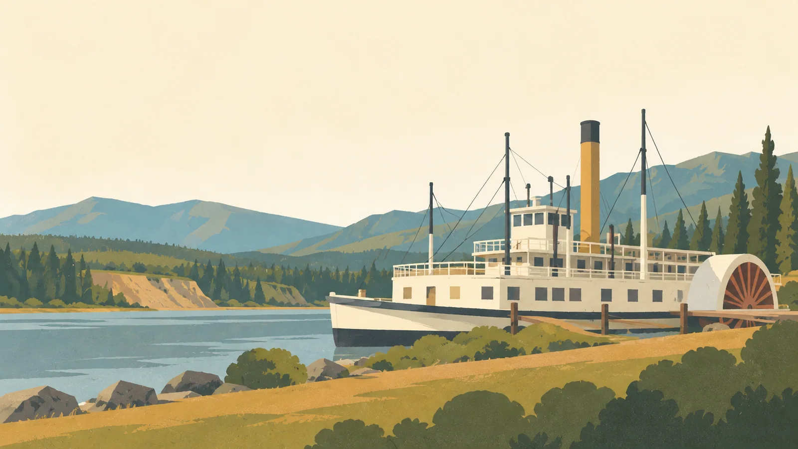 Flat gouache illustration of Whitehorse: Whitehorse's preserved SS Klondike paddle steamer on a quiet grassy Yukon riverbank.