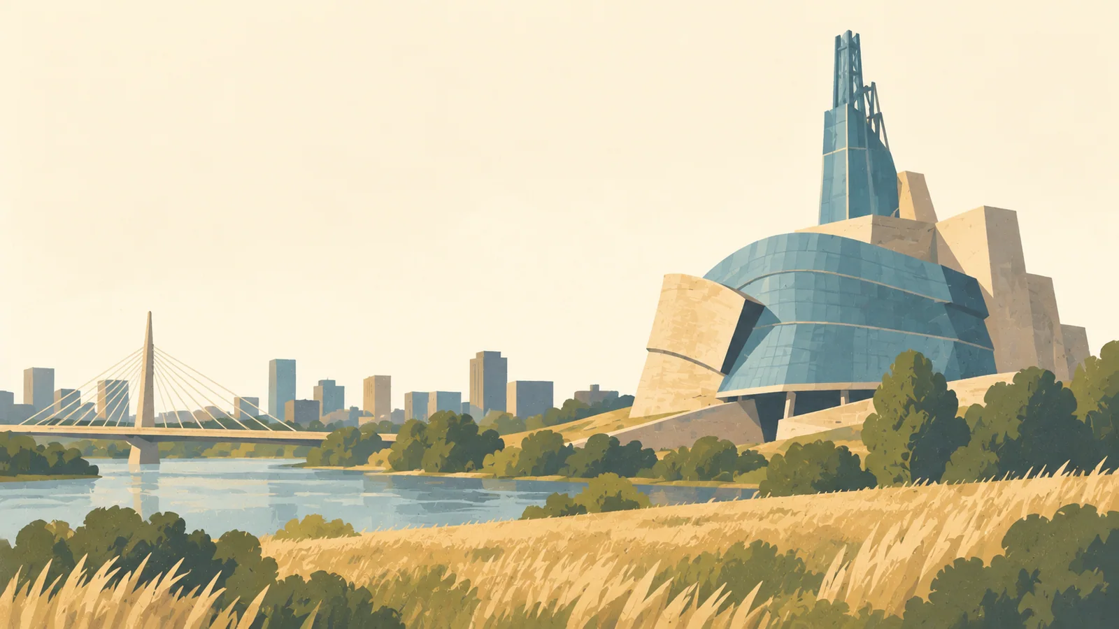 Flat gouache illustration of Winnipeg: Winnipeg's Canadian Museum for Human Rights sculptural glass-and-stone forms beside broad prairie grasses.
