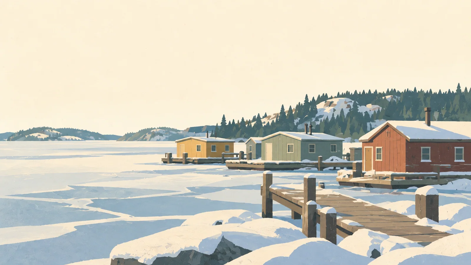 Flat gouache illustration of Yellowknife: Yellowknife's Old Town wooden houseboats frozen into Great Slave Lake, broad blue snow planes and one low wooden jetty, a quiet pale winter sky.