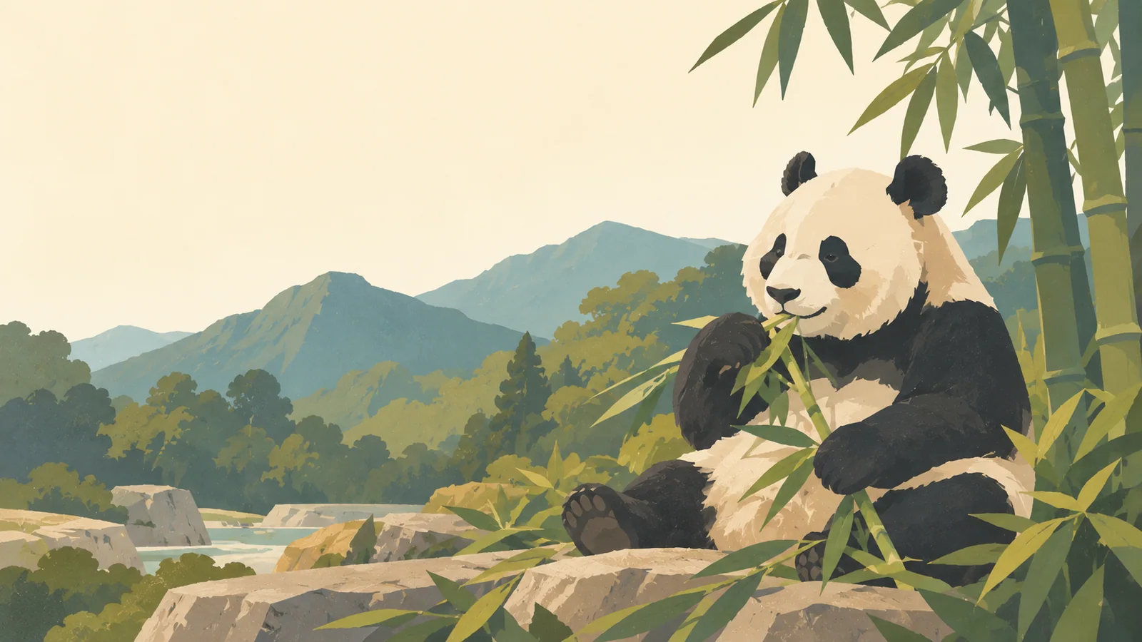 Flat gouache illustration of Chengdu: A giant panda seated beside a few broad bamboo stems at Chengdu's panda habitat.