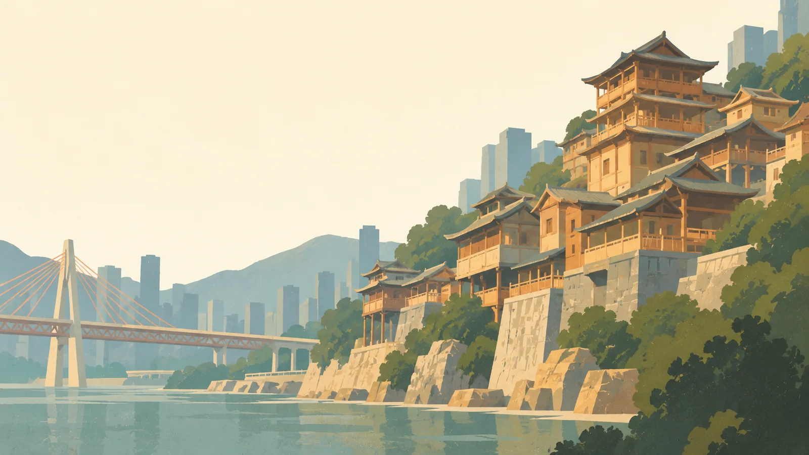 Flat gouache illustration of Chongqing: Hongyadong's stacked timber balconies on Chongqing's steep river cliff, viewed diagonally upward from below.