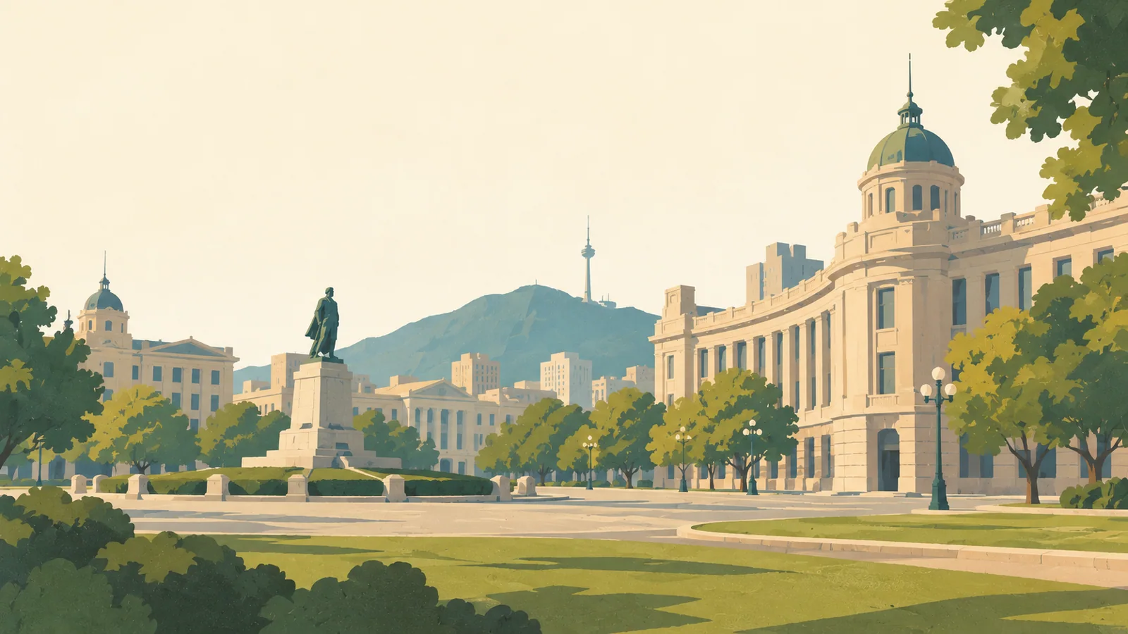Flat gouache illustration of Dalian: Dalian's Zhongshan Square with one curved pale historic banking facade, a broad civic lawn and simple plane trees.