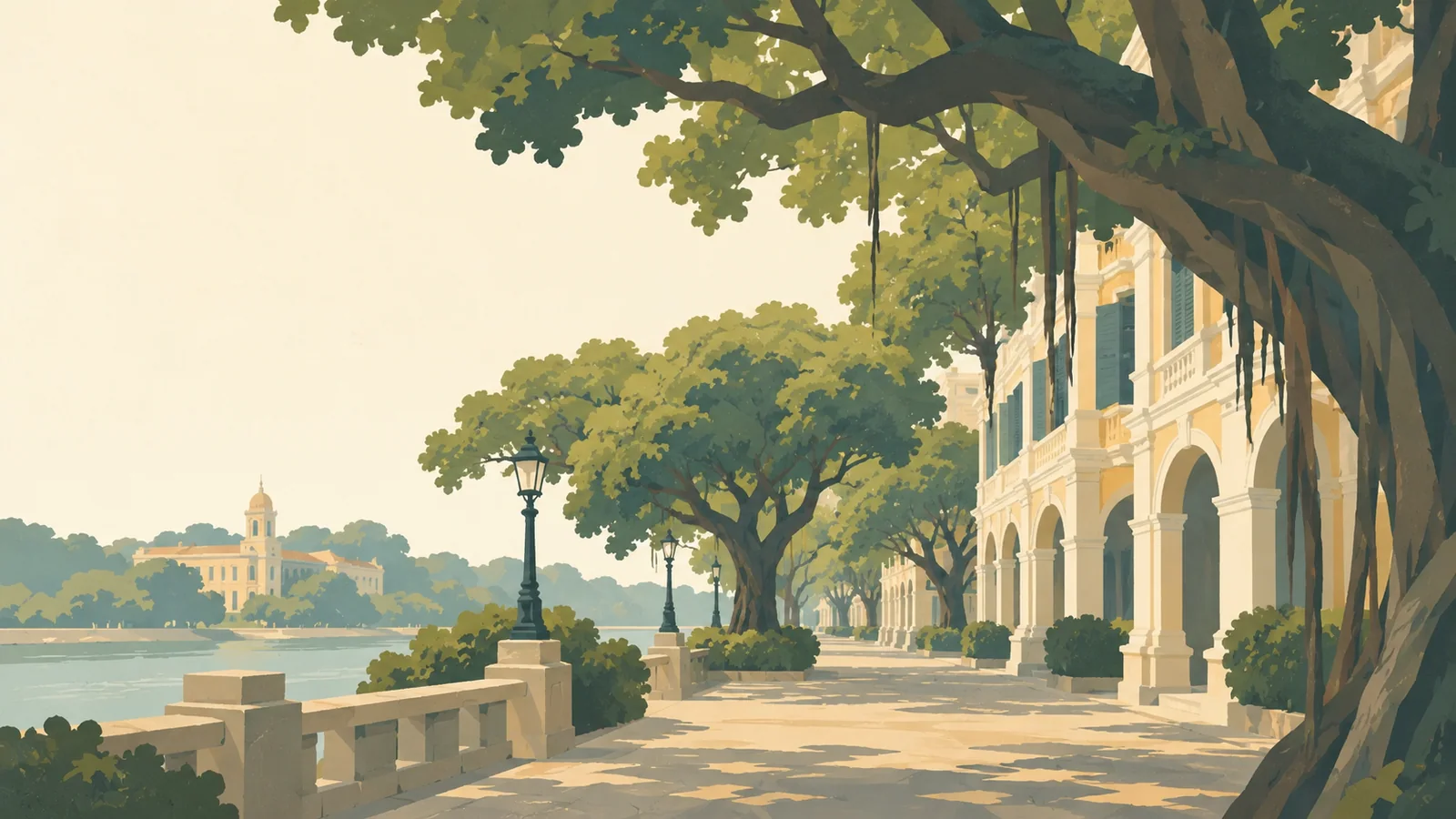 Flat gouache illustration of Guangzhou: Guangzhou's Shamian Island pastel colonial colonnades beneath broad banyan roots and branches.