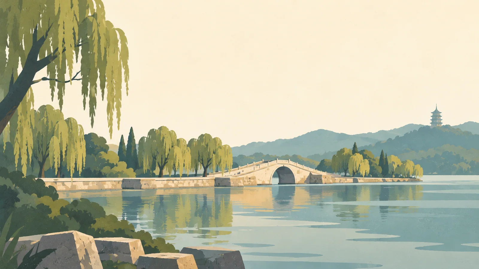 Flat gouache illustration of Hangzhou: West Lake's long causeway with one stone arch bridge and simplified willow canopies.