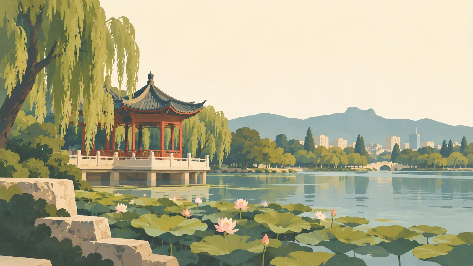Flat gouache illustration of Kunming: Kunming Green Lake's round lotus leaves, red waterside pavilion and broad willow shade.