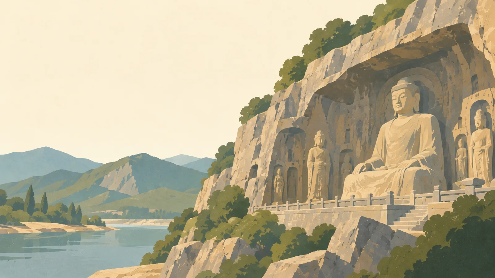 Flat gouache illustration of Luoyang: Longmen's great seated Vairocana Buddha carved into a broad limestone cliff.