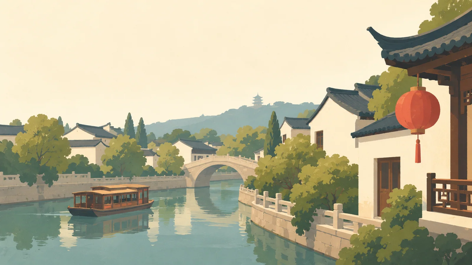 Flat gouache illustration of Nanjing: Nanjing's Qinhuai canal beside warm white-walled traditional buildings and a broad red lantern shape.
