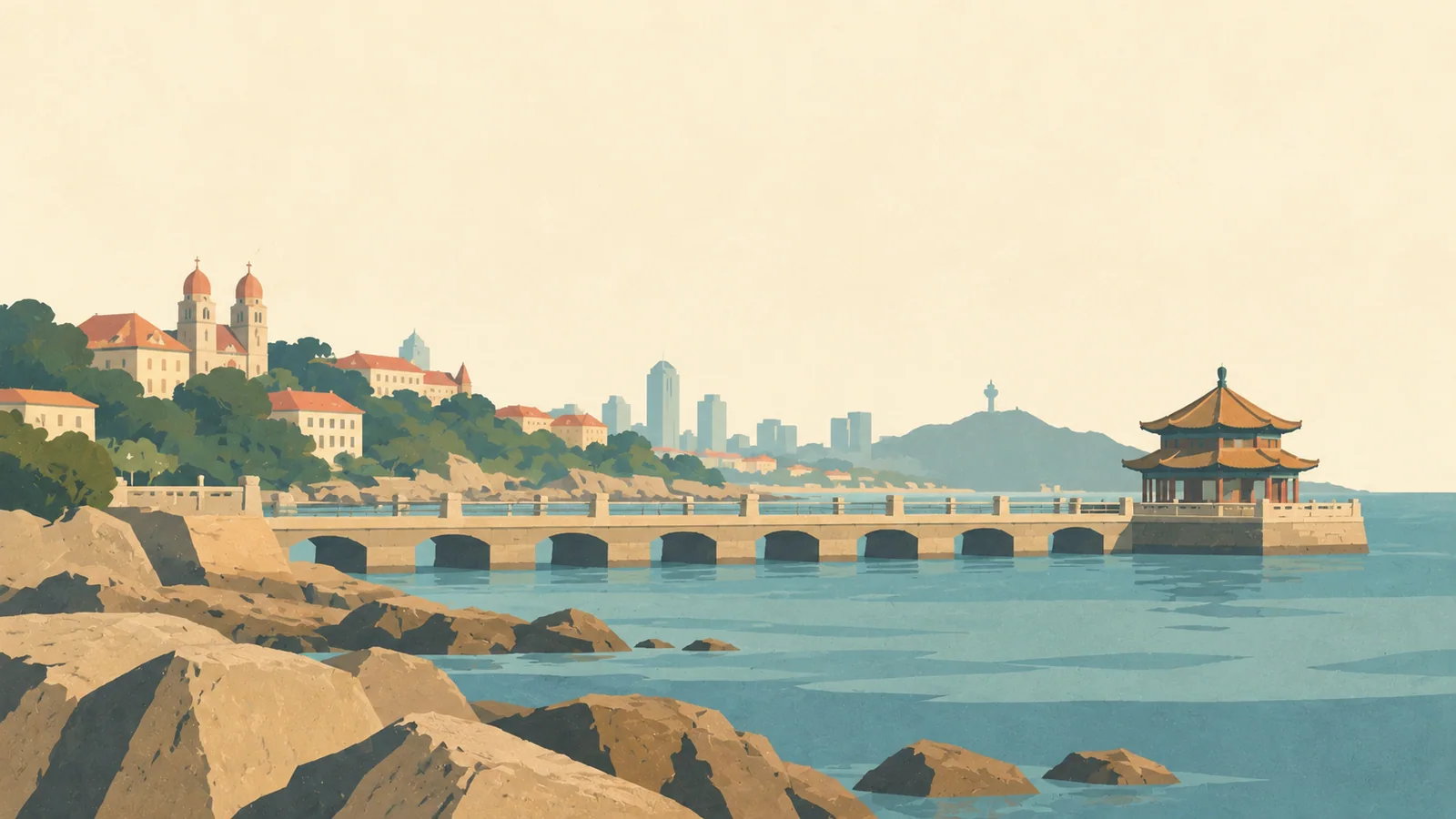 Flat gouache illustration of Qingdao: Qingdao's red-roofed seaside architecture and the pavilion at the tip of Zhanqiao pier.