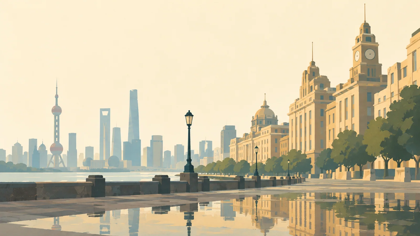 Flat gouache illustration of Shanghai: Shanghai's Art Deco Bund facades reflected in a quiet foreground puddle, with a pale distant Pudong skyline.