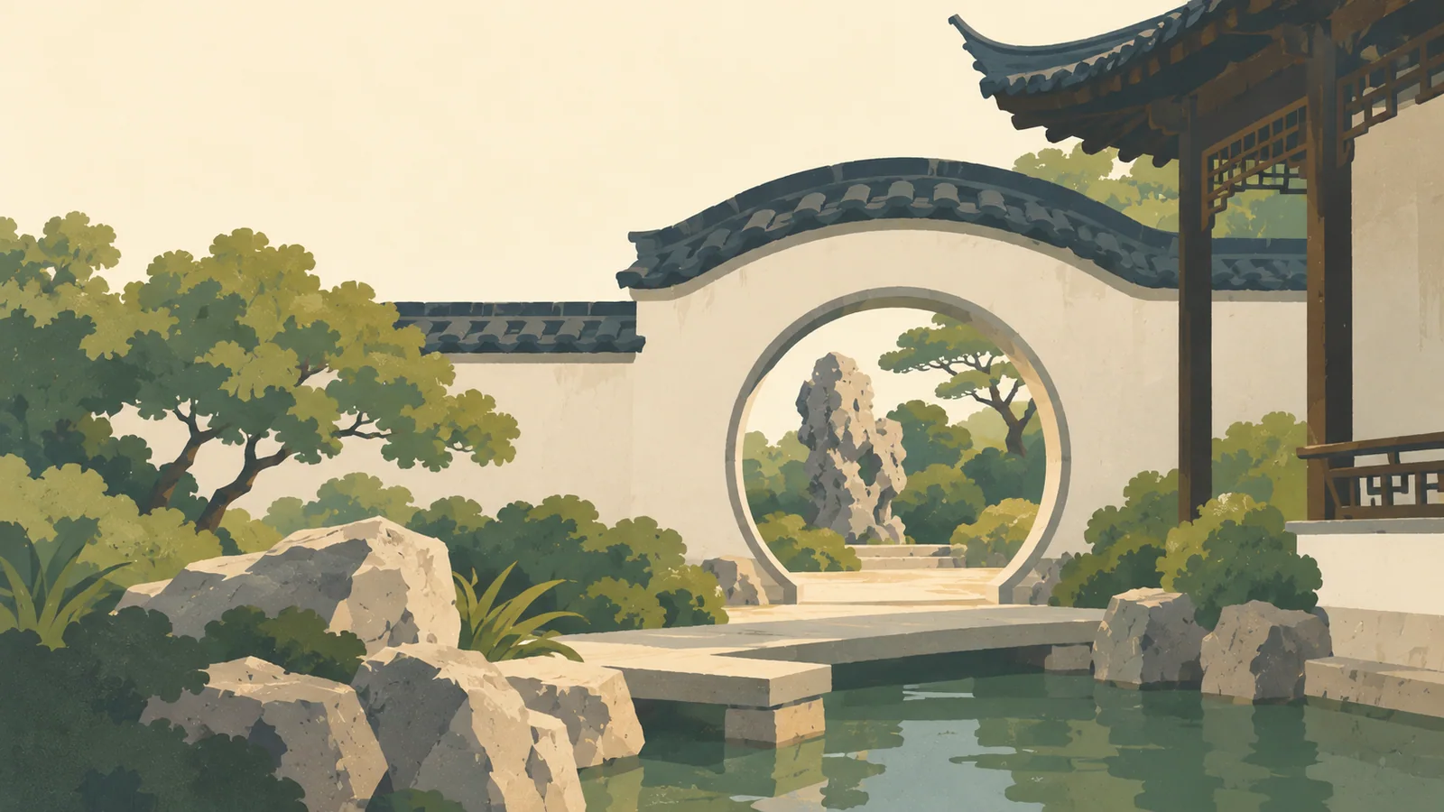 Flat gouache illustration of Suzhou: A Suzhou classical garden moon gate opening onto a scholar rock, white wall and black tile roof.