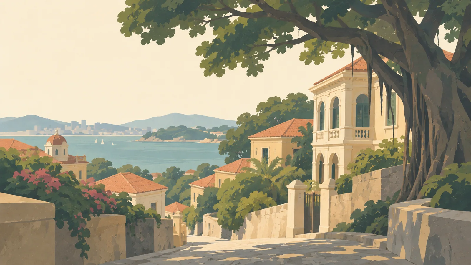 Flat gouache illustration of Xiamen: Gulangyu's cream colonial villas and terracotta roofs seen through an old banyan's broad canopy.