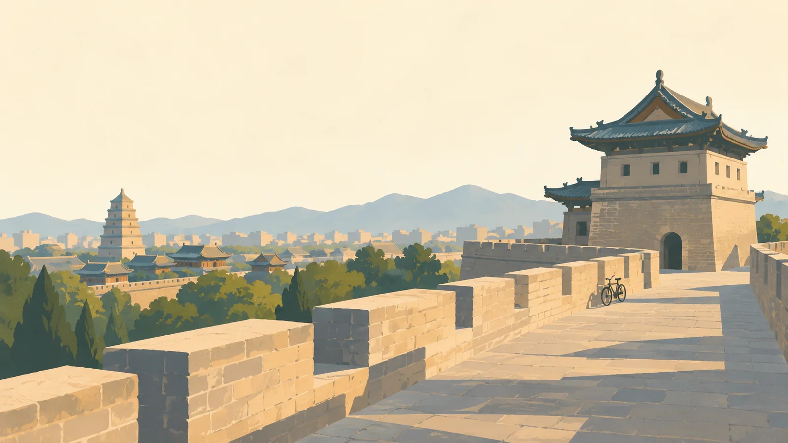 Flat gouache illustration of Xi'an: Xi'an's massive old city wall with a square watchtower and one small bicycle.