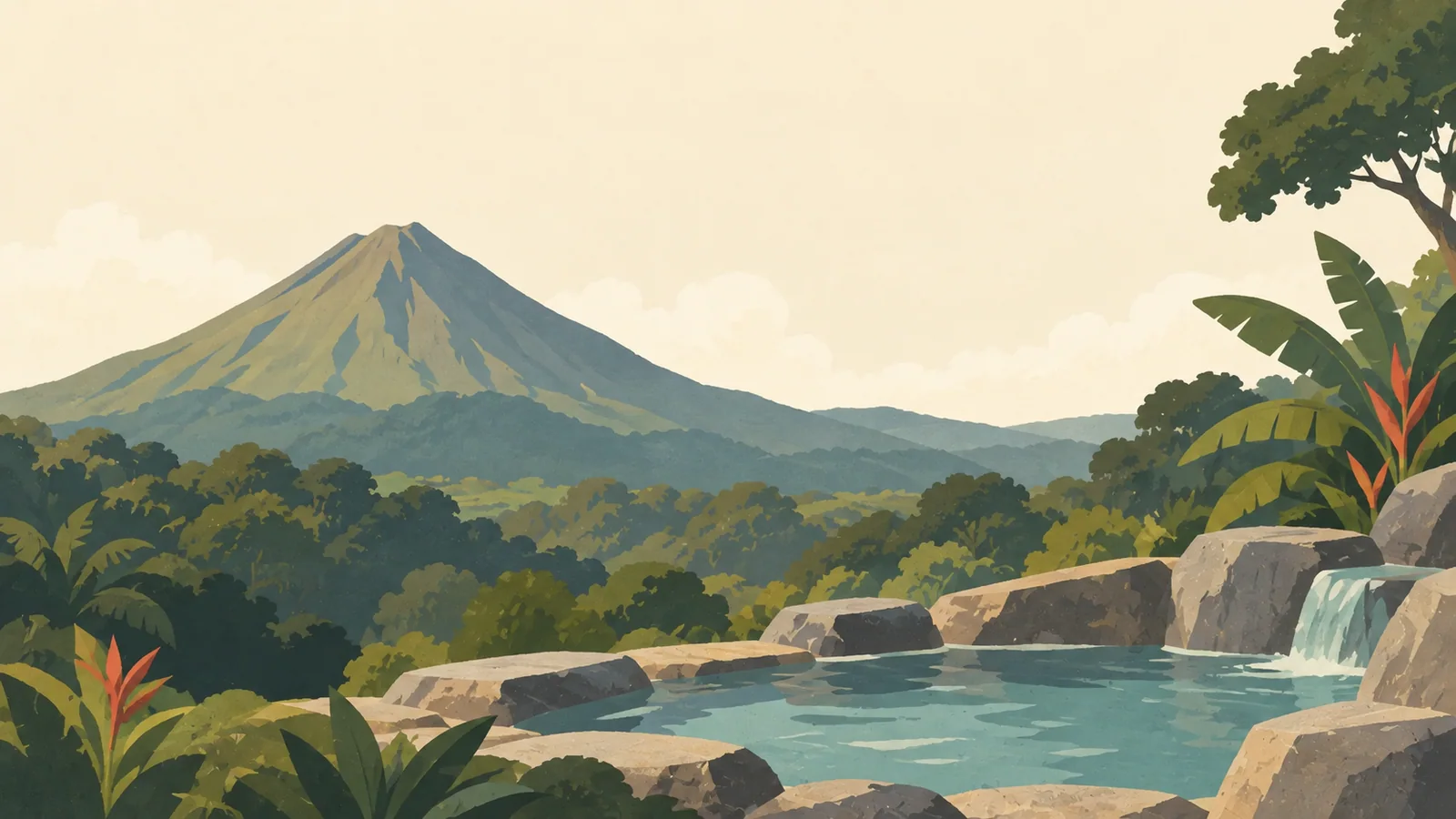 Flat gouache illustration of La Fortuna: Arenal's almost symmetrical volcanic cone behind low broad rainforest masses and one hot-spring rock pool.