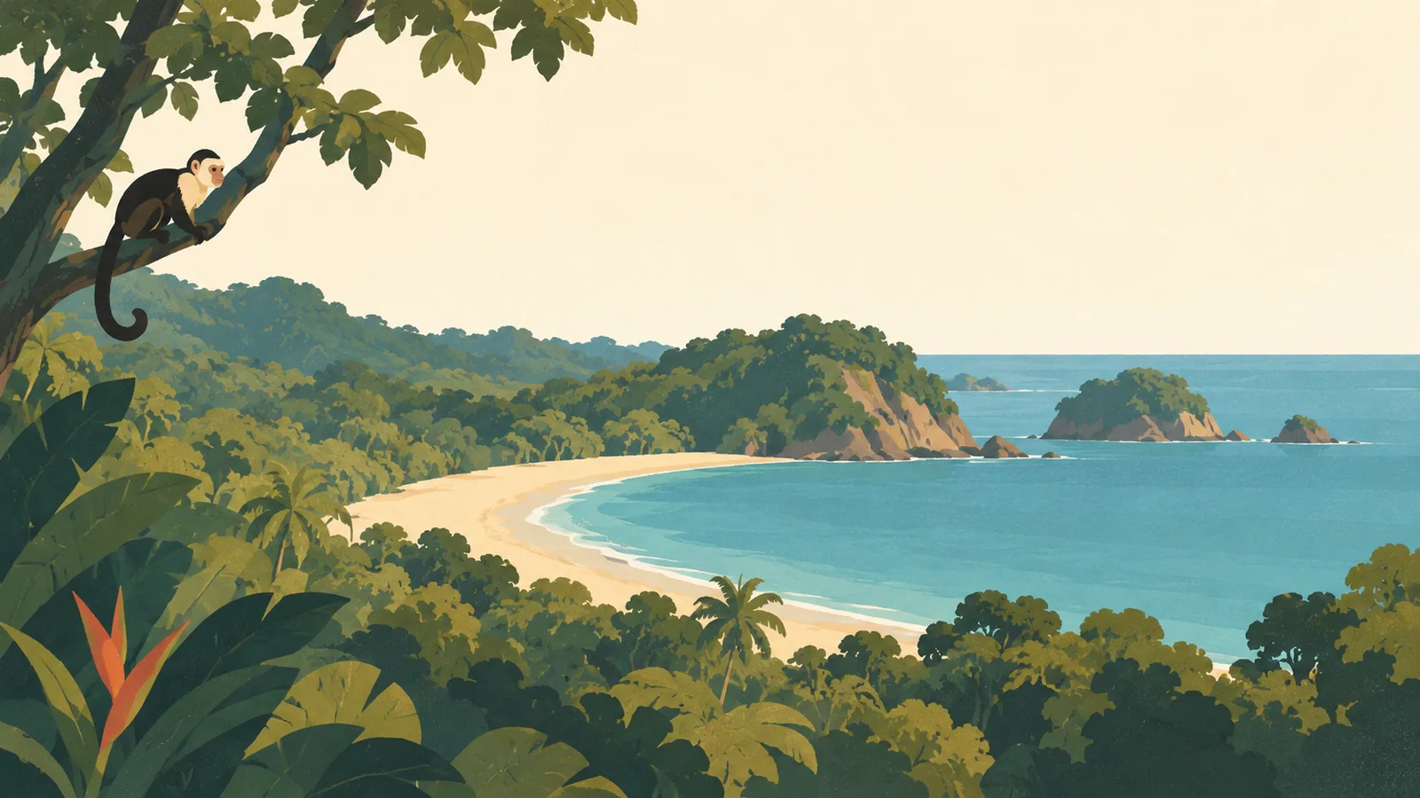 Flat gouache illustration of Manuel Antonio: Manuel Antonio's crescent beach through a foreground rainforest opening with one small white-faced capuchin in a branch.