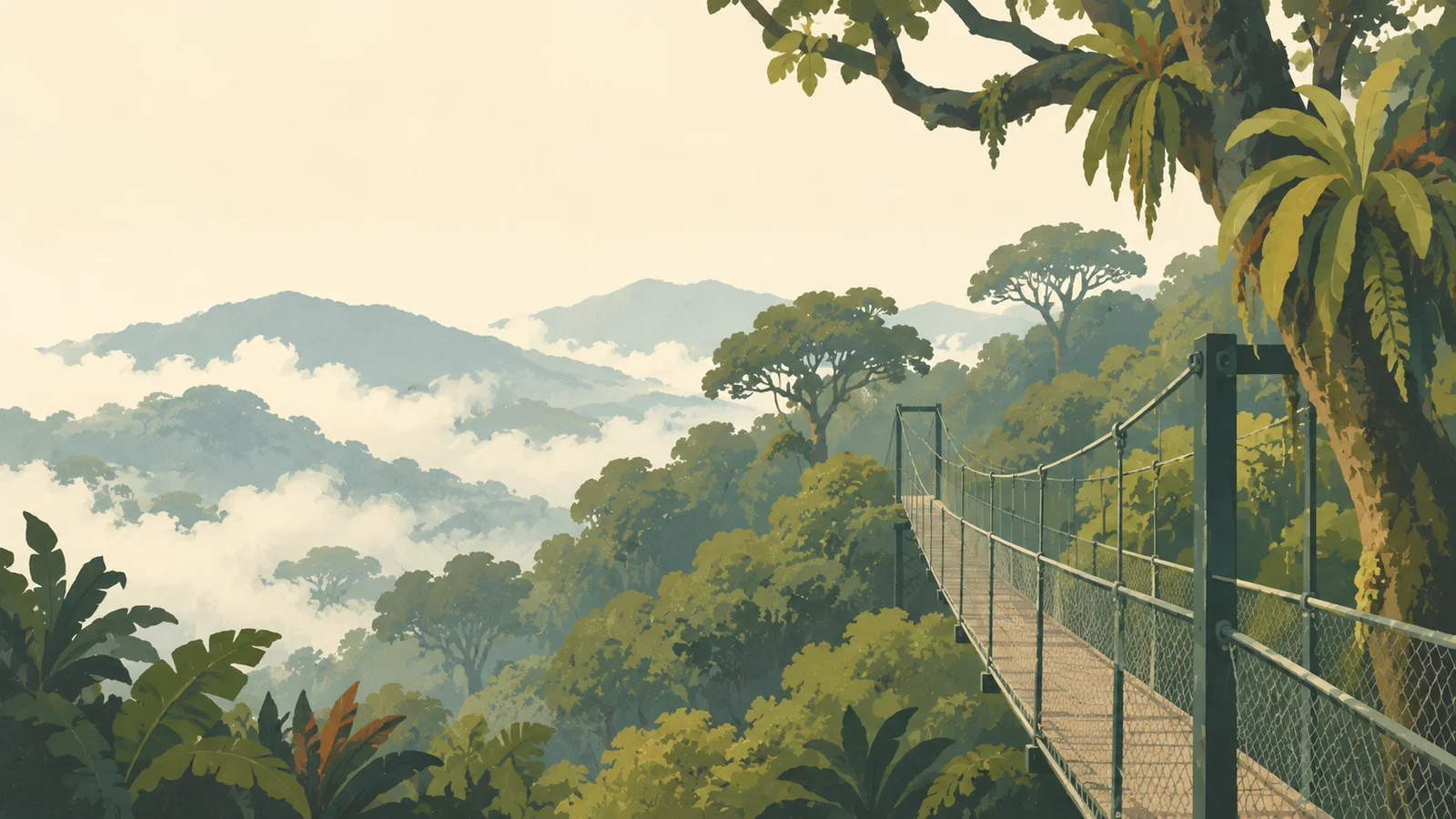 Flat gouache illustration of Monteverde: A narrow hanging footbridge disappearing diagonally into Monteverde's misty cloud forest.