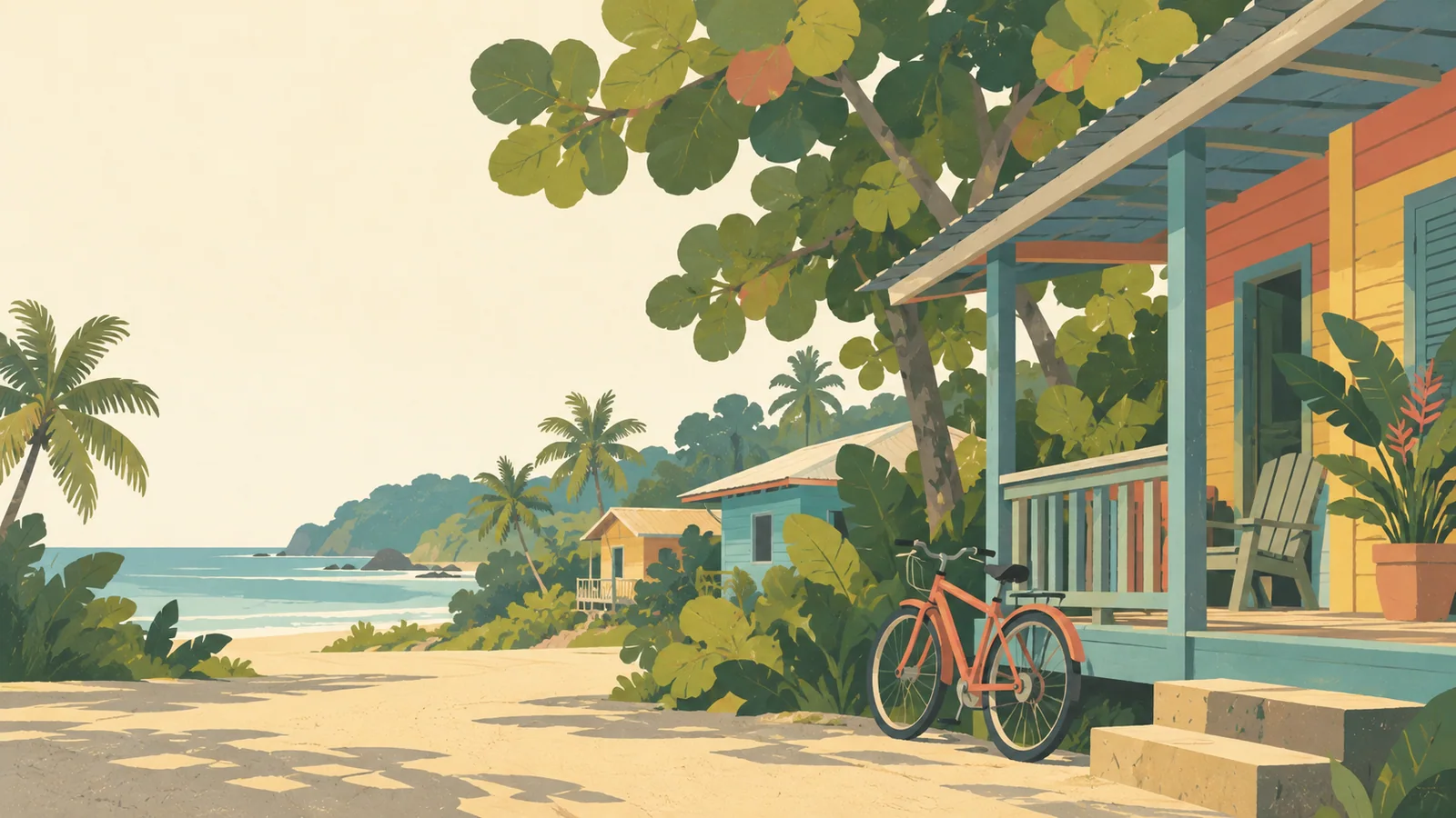 Flat gouache illustration of Puerto Viejo: A brightly painted but muted wooden Caribbean porch, a bicycle and broad sea-grape leaves in Puerto Viejo.