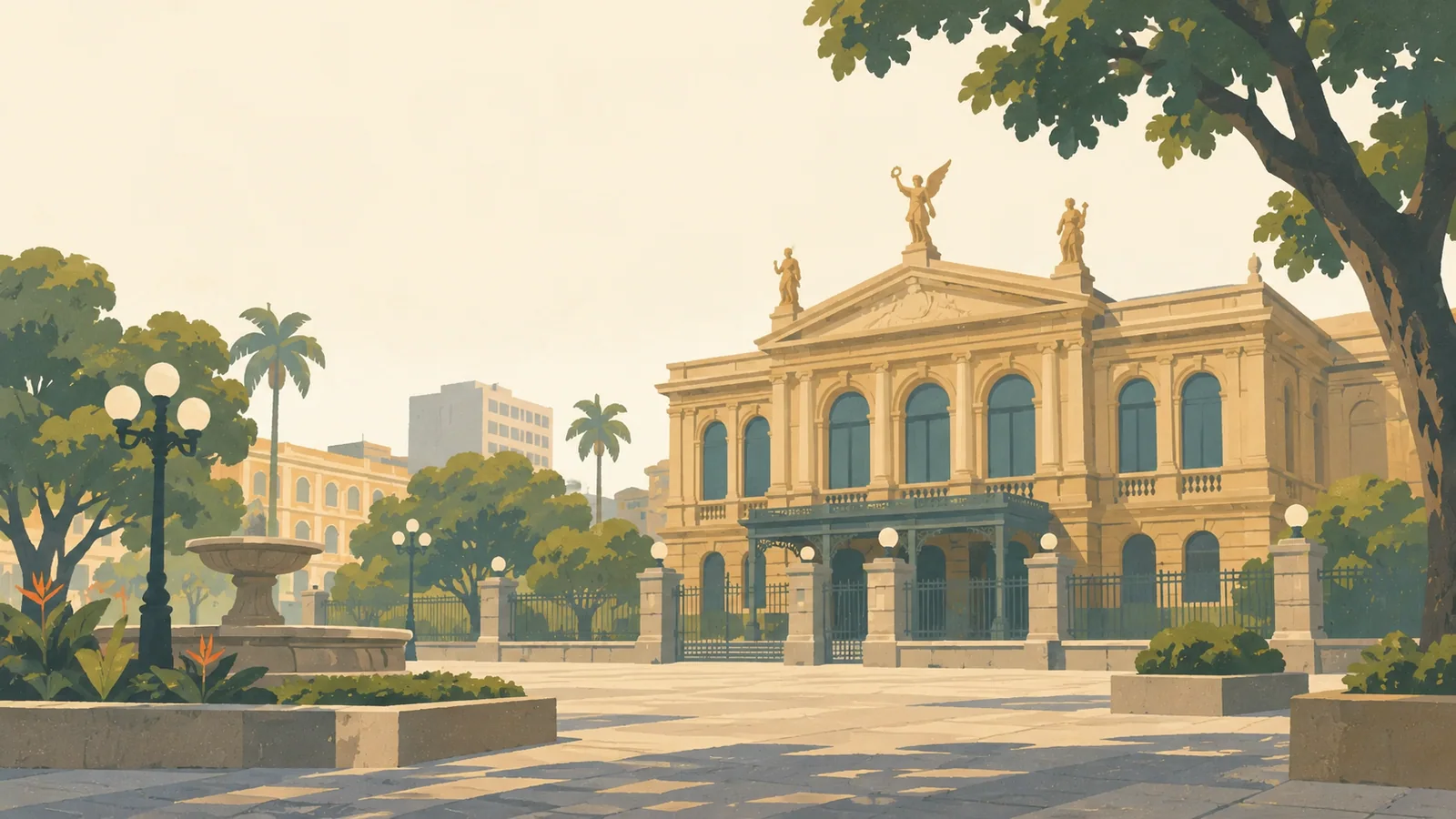 Flat gouache illustration of San José: San José's National Theatre neoclassical facade seen from a corner of its quiet plaza, broad tropical shade and ochre stone.