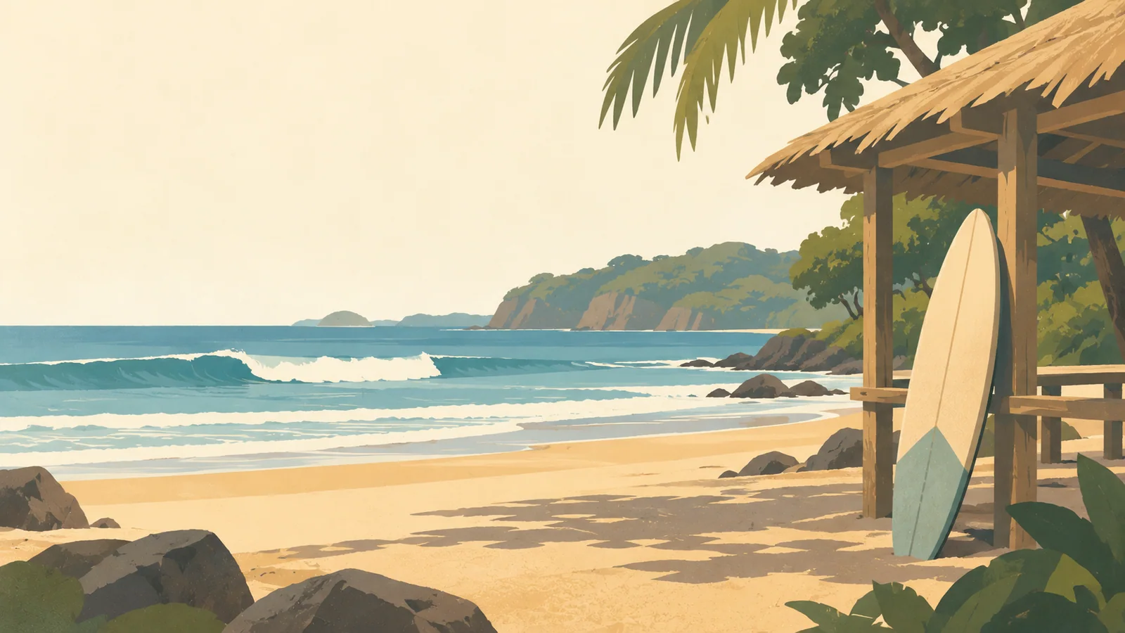 Flat gouache illustration of Tamarindo: A lone surfboard resting against a simple Tamarindo beach shelter, broad Pacific wave bands beyond.