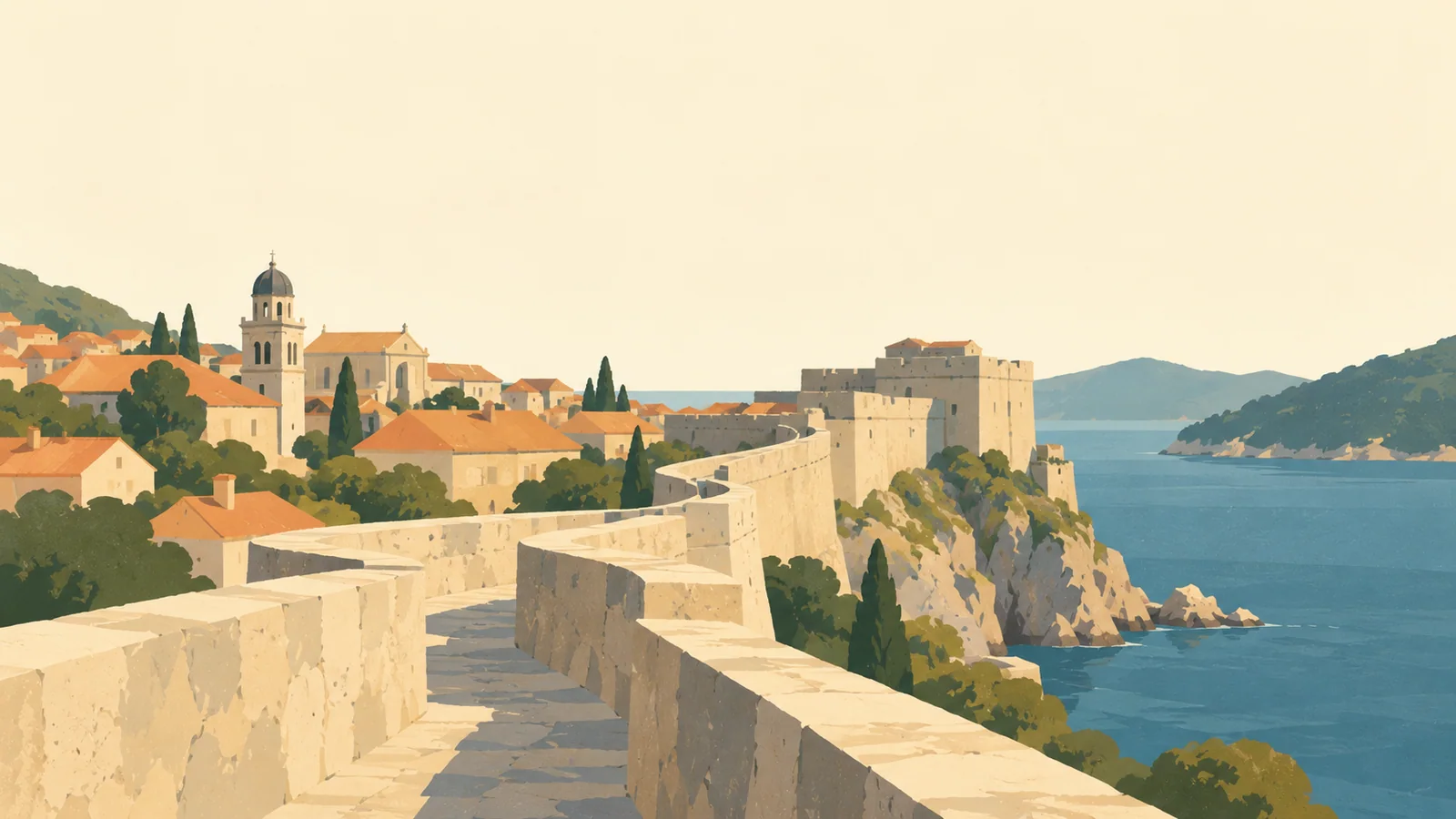 Flat gouache illustration of Dubrovnik: Dubrovnik's thick city walls and terracotta roofs from a wall-top walkway curving diagonally toward a fort.