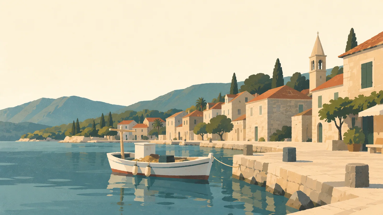 Flat gouache illustration of Hvar and Vis: Stari Grad's modest stone waterfront houses and a single traditional fishing boat beside a broad quiet quay.