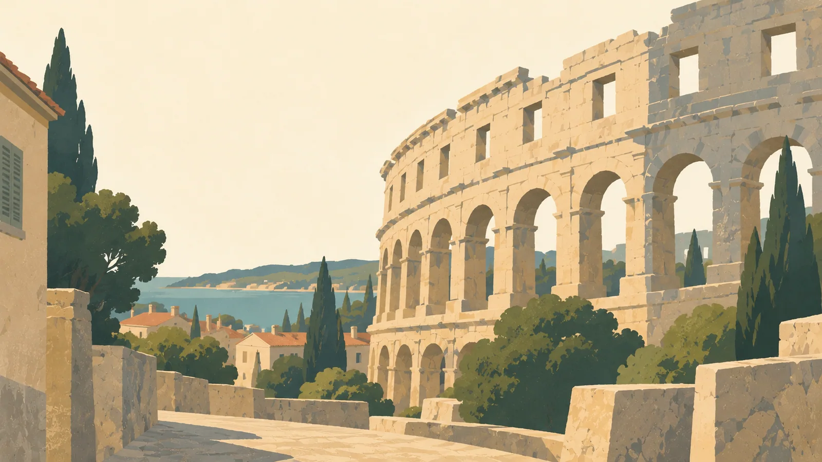 Flat gouache illustration of Istria: Pula's Roman amphitheatre arches against a pale sky, viewed from a quiet stone side street.