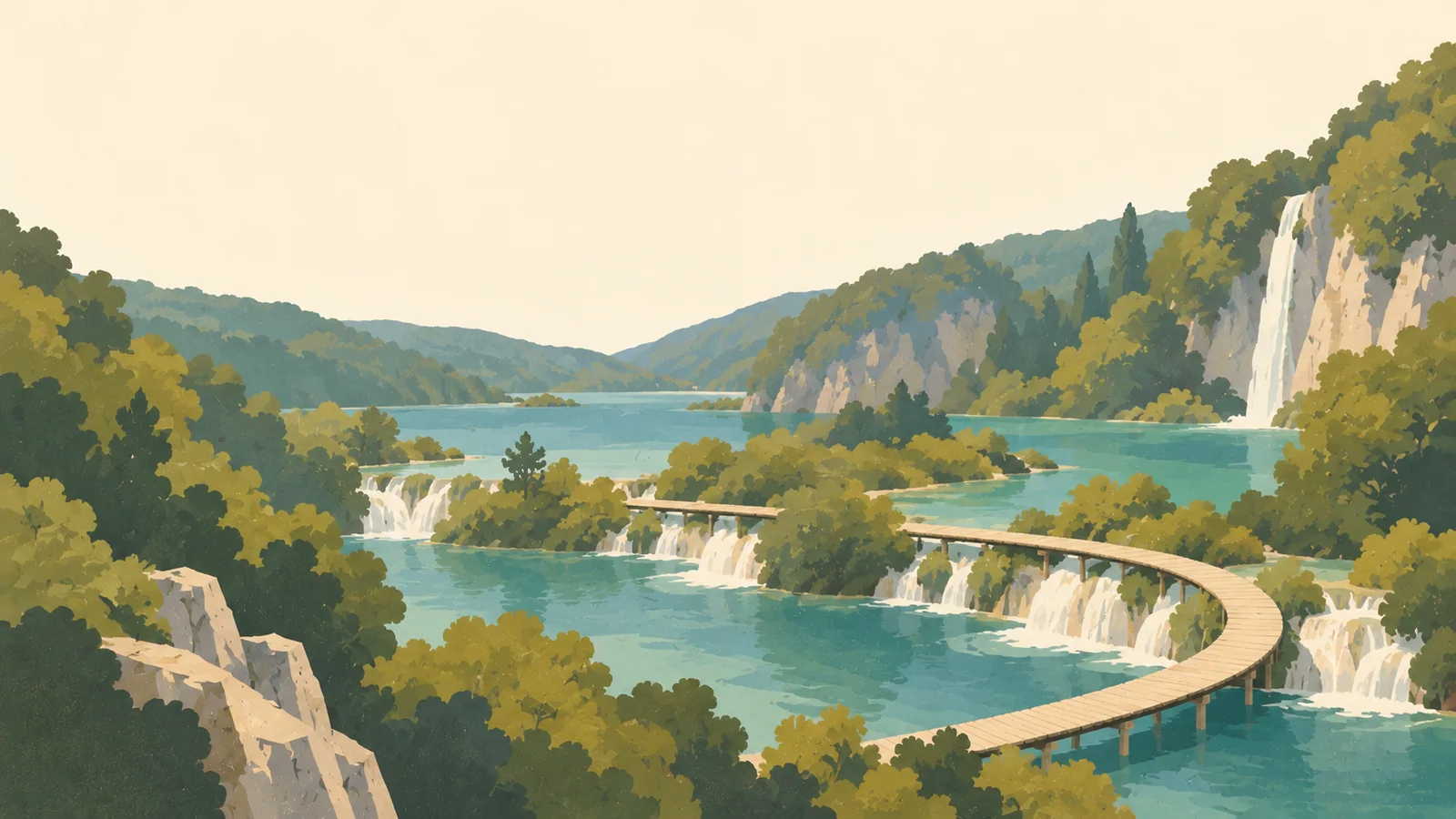 Flat gouache illustration of Plitvice Lakes: Plitvice's pale wooden boardwalk bending above broad teal stepped pools and low white cascades.
