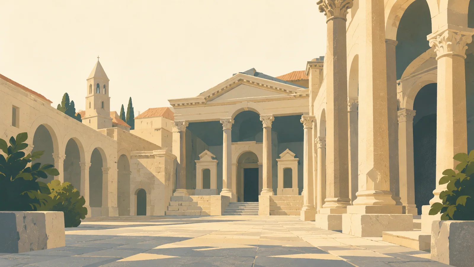 Flat gouache illustration of Split: Split's Diocletian Palace Peristyle with tall Roman columns and pale stone steps.