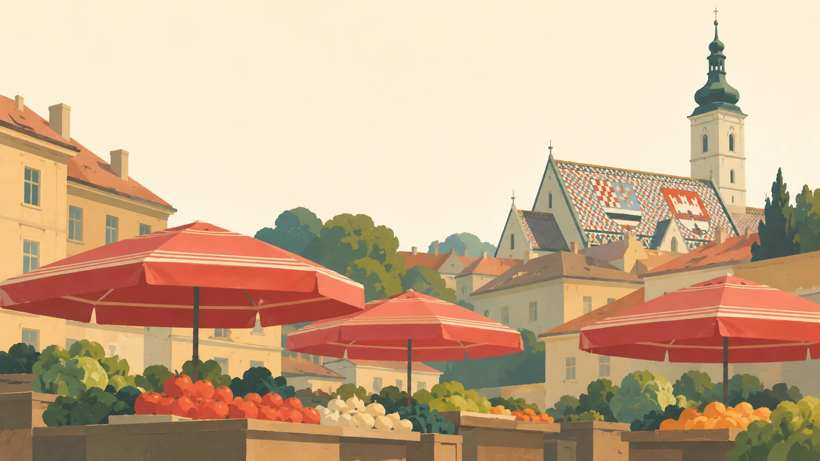 Flat gouache illustration of Zagreb: Zagreb's Dolac market with three broad red parasols below Saint Mark's colourful tiled roof silhouette.