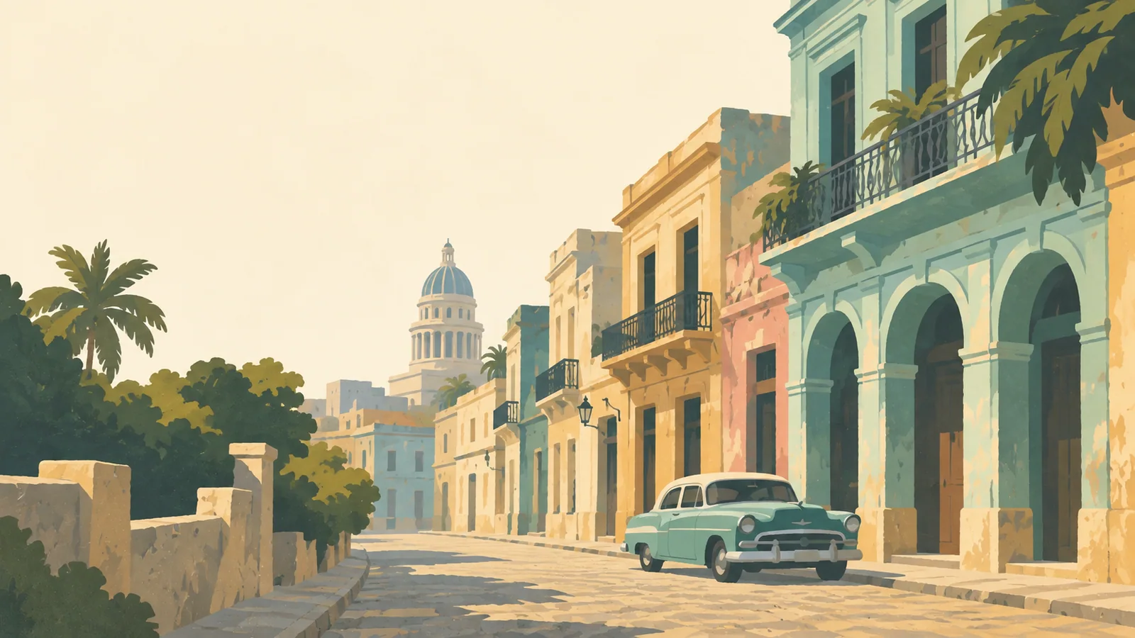 Flat gouache illustration of Havana: Havana's weathered pastel colonial facades and a single modest 1950s car along a quiet cobbled lane.