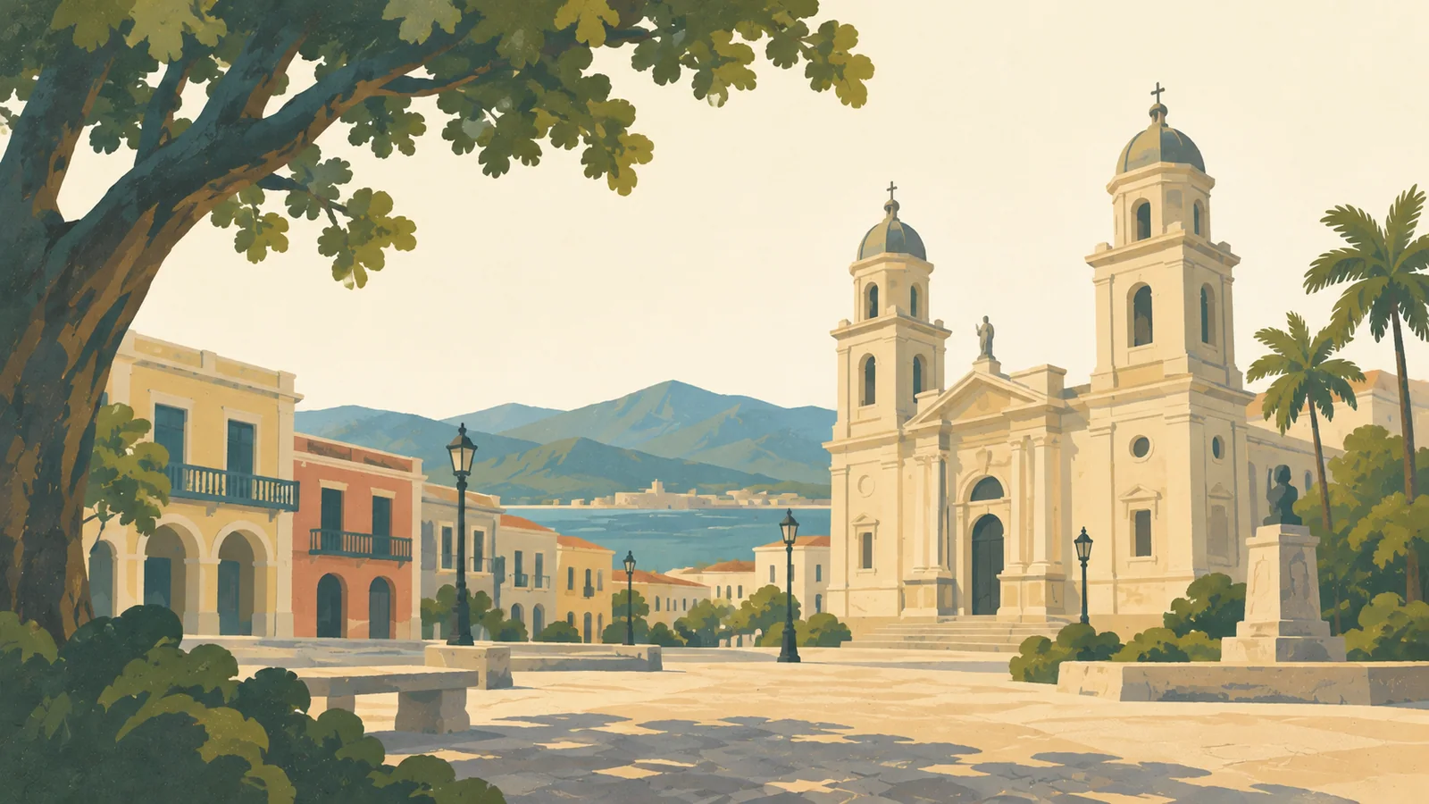 Flat gouache illustration of Santiago de Cuba: Santiago's pale cathedral twin towers above Parque Céspedes seen through a broad shade tree.
