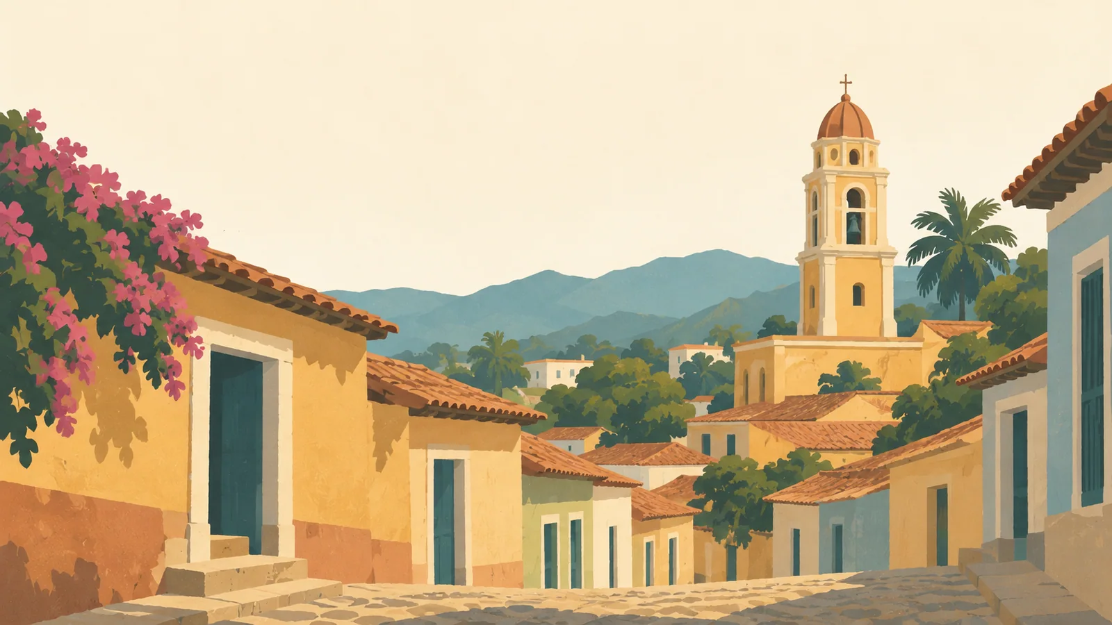 Flat gouache illustration of Trinidad: Trinidad's ochre bell tower above terracotta roofs and a steep cobbled lane with a single open doorway.