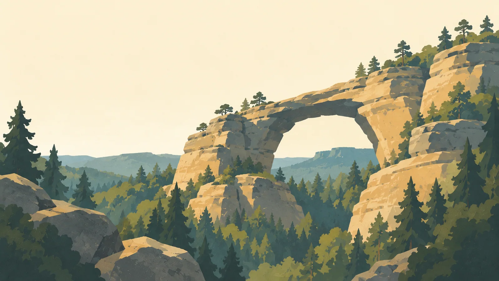 Flat gouache illustration of Bohemian Switzerland: Pravčická brána's huge natural sandstone arch spanning a forested gap.