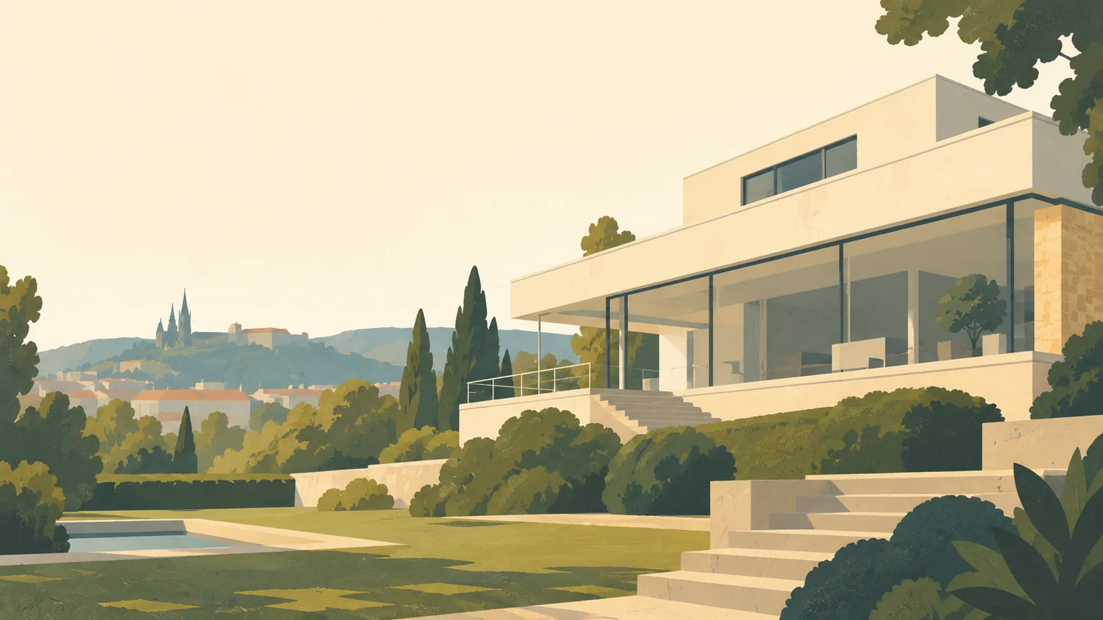 Flat gouache illustration of Brno: Brno's Villa Tugendhat modernist white planes, broad glazing and terrace above a quiet garden.