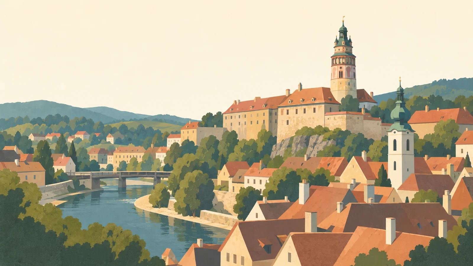 Flat gouache illustration of Český Krumlov: Český Krumlov's painted round castle tower above tightly clustered terracotta roofs and a small Vltava bend.