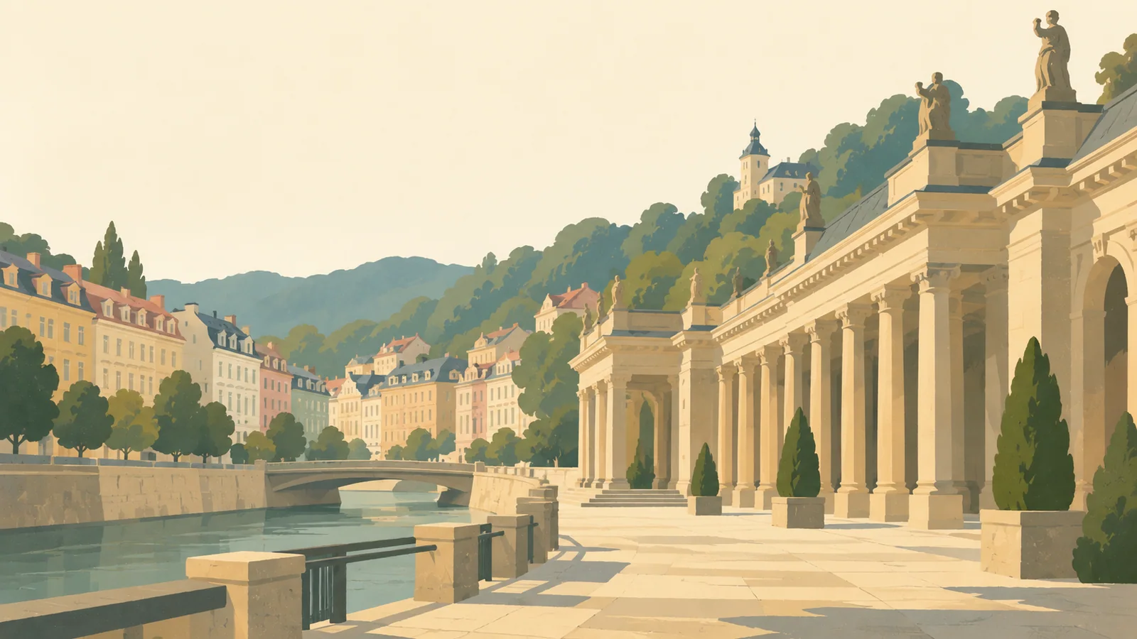 Flat gouache illustration of Karlovy Vary: Karlovy Vary's elegant cream mill colonnade beside the narrow Teplá and pastel spa facades.